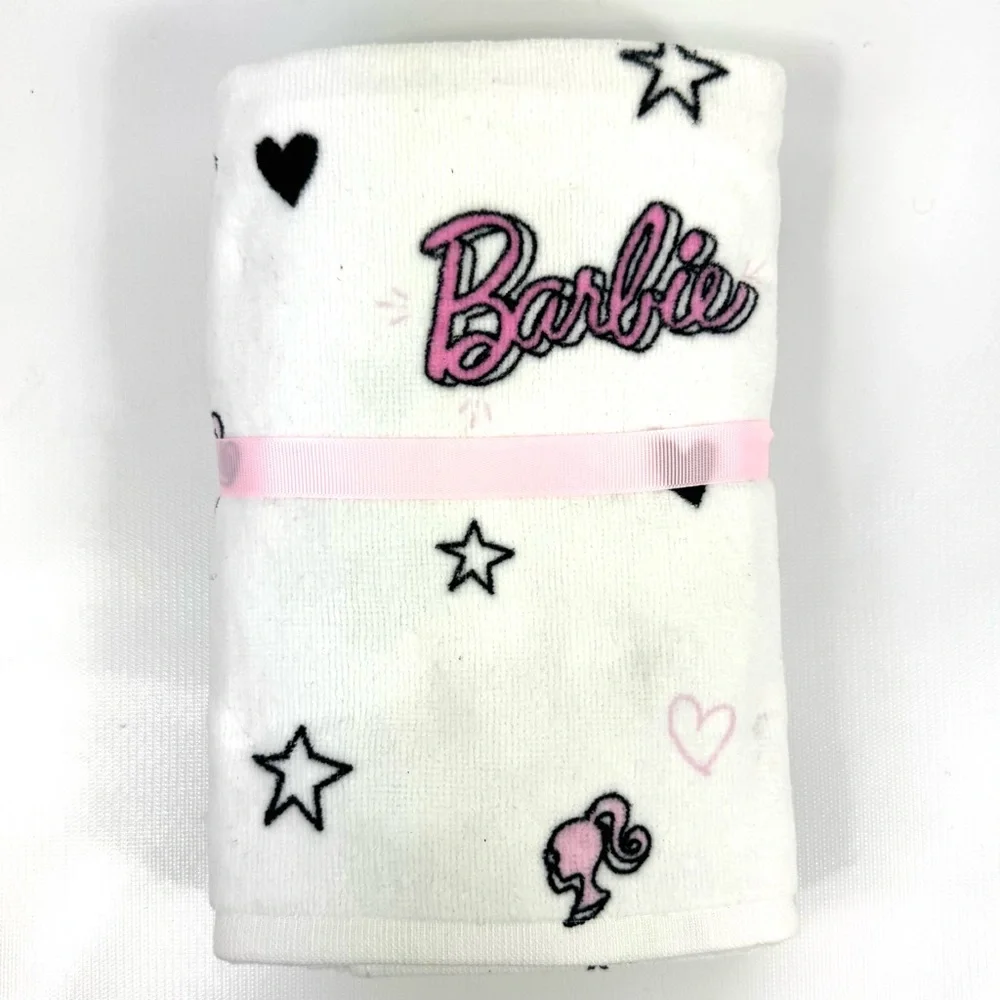 Barbie 2-pack hand towels white w pink Barbie logo, star & heart designs NWT